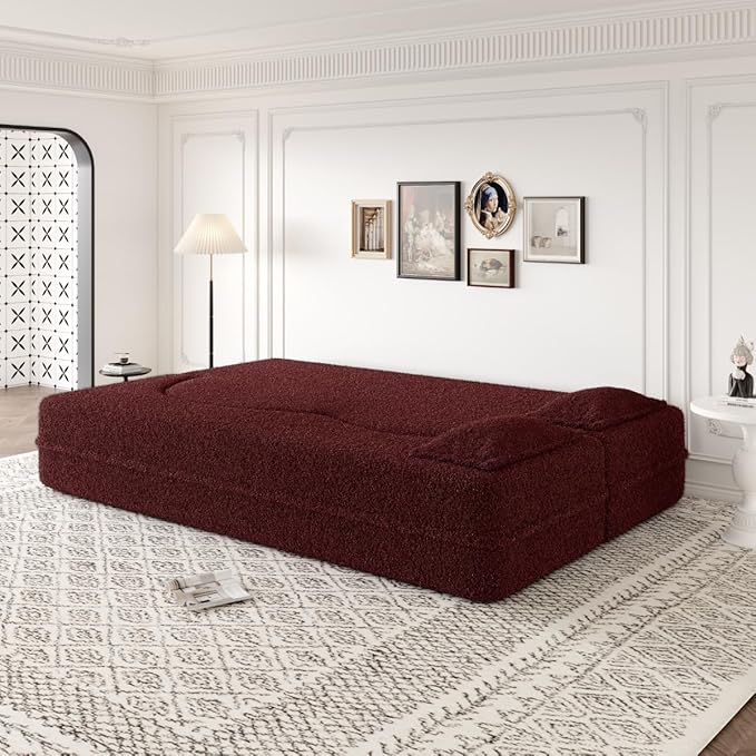 Convertible Sofa Bed Full Size｜78 Sleeper Couch with 2 Pillows｜Boucle Fabric Folding Sofa Bed｜High-Density Foam｜No Assembly｜Space-Saving｜for Living Room Guest Room｜Burgundy