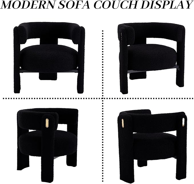 Wahson Modern Barrel Accent Chairs Set of 2 | Boucle Upholstered Armchair Single Sofa Side Reading Living Room Chair | Three Legs Black Sherpa