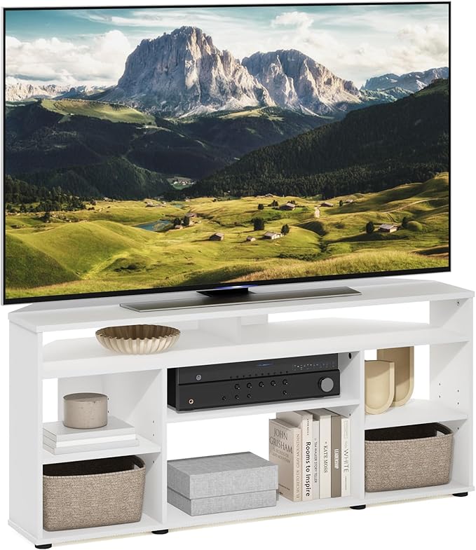 Furinno BESI TV Stand No Tools Assembly Industrial Style Entertainment Center TV Console for TV up to 46 Inch for Living Room Bedroom White