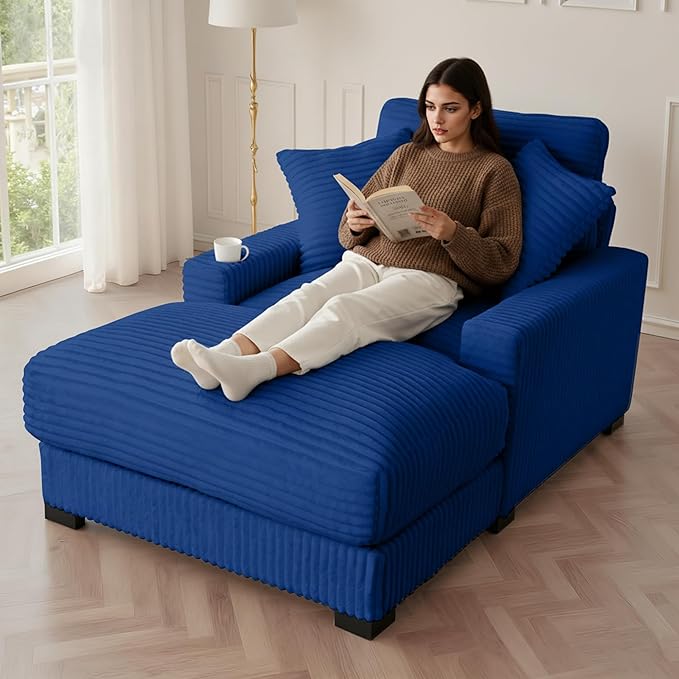 41 Chaise Lounge Indoor Comfy Reading Chair with 2 PillowsUSB Charger Cup Holder Adjustable Backrest Corduroy Sofa Bed Lazy Chair Sleeper Couch Small Couch for Apartment Blue