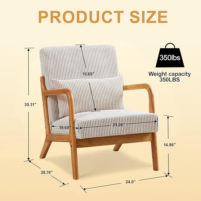 Mid Century Modern Accent Chair Upholstered Corduroy Armchair with Lumbar Pillow Solid Rubberwood Frame for Living Room Bedroom Waiting Room Beige