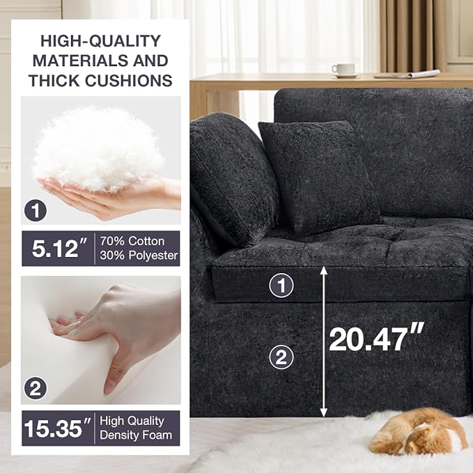 110 Cloud Sectional Couch for Living Room Upholstered L-Shape Modular Sofa with Movable Ottoman 3-Seater Deep-Seat Foam Couch Comfortable Convertible Sectional for Home &amp Apartment（Black）
