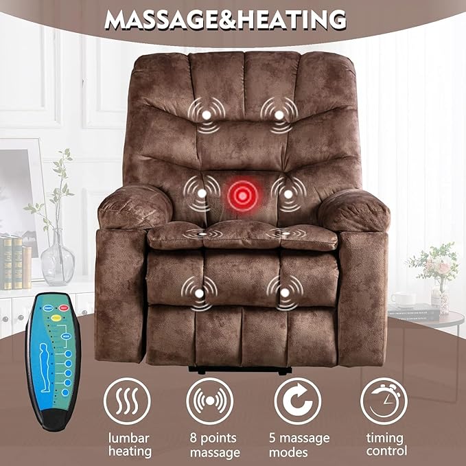 CANMOV Large Power Lift Recliner Chairs with Massage and Heat for Elderly Heavy Duty and Safety Motion Reclining Mechanism Electric Wide Recliners with USB Ports 2 Hidden Cup HoldersBrown