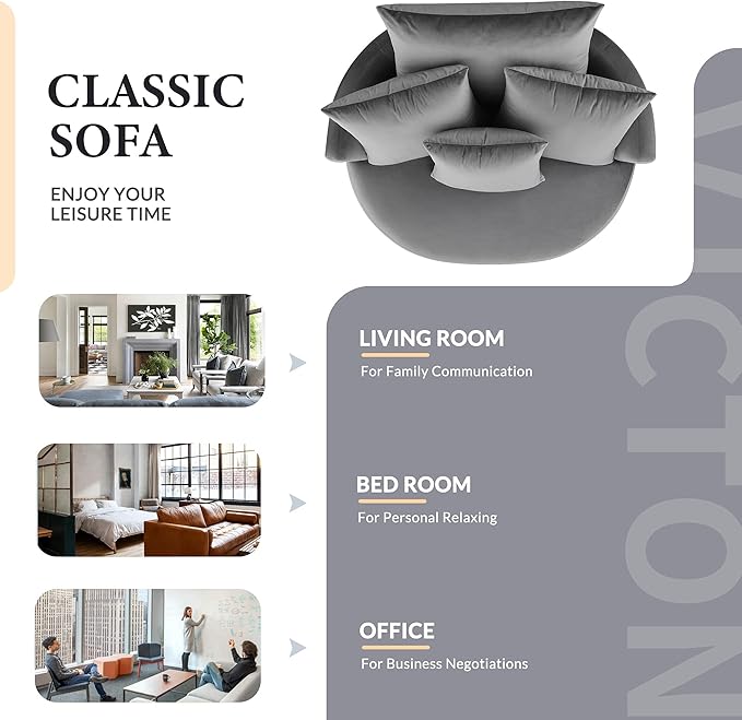 Modern Velvet Leisure Chair 360° Swivel Barrel Chair with 4 Movable Pillows and Metal Base Perfect for Living Room Bedroom Office Reception Area (Gray/Velvet+S)