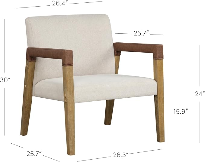 Nathan James Hudson Accent Living Room Chair Comfy Reading Bedroom Chair Mid-Century Wood Armchair Upholstered Fabric and Leather Armrest