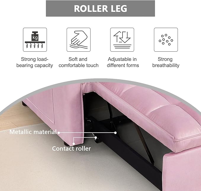 54 Convertible Sofa Bed Velvet Sleeper Sofa with Pull-Out Bed 3-in-1 Futon Couch with Reclining Backrest and Side Pocket Modern Loveseat for Living Room (Pink)