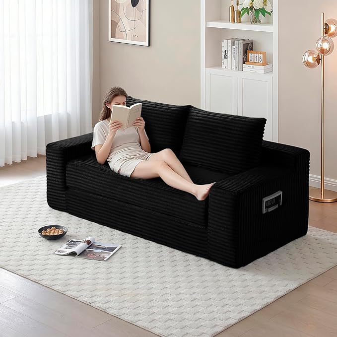 73 Memory Foam Cloud Loveseat Sofa 2 in 1 Convertible Folding Couch Bed Compressed Corduroy Floor Lounge Sofa No Assembly for Apartment Office Bedroom Living Room (Black)