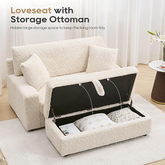 62“ Oversized Chaise Lounge Chair IndoorComfy Loveseat with Storage OttomanUpholstered Sleeper Sofa Bed with 2 Pillows Deep Seat Love Seat Couch for Living RoomBedroomApartmentBeige