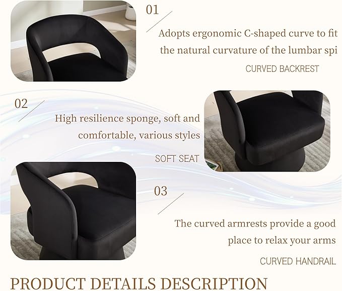 360 Degree Swivel Barrel Chair for Living Room Black Velvet Accent Armchair with Open Back Modern Comfy Reading Chair for Bedroom Cloud Boho Chairs for Office Club Lobby (Black)