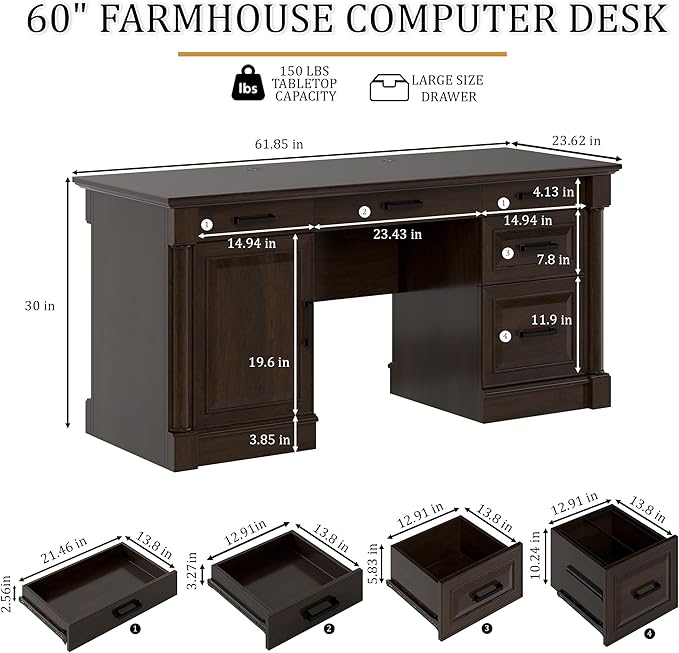 blini Large Farmhouse Executive Desk with DrawersWood Computer DeskEmbossed Texture Home Office Desk with File Cabinet Storage Cable Management Keyboard TrayWorking Table for Work Study Writing