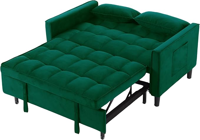3 in 1 Convertible Sofa Bed Love Seat Sleeper Bed with Side Pockets Velvet Fabric Pull Out Couch with Adjustable Backrest for Living Room Bedroom Apartment Dark Green