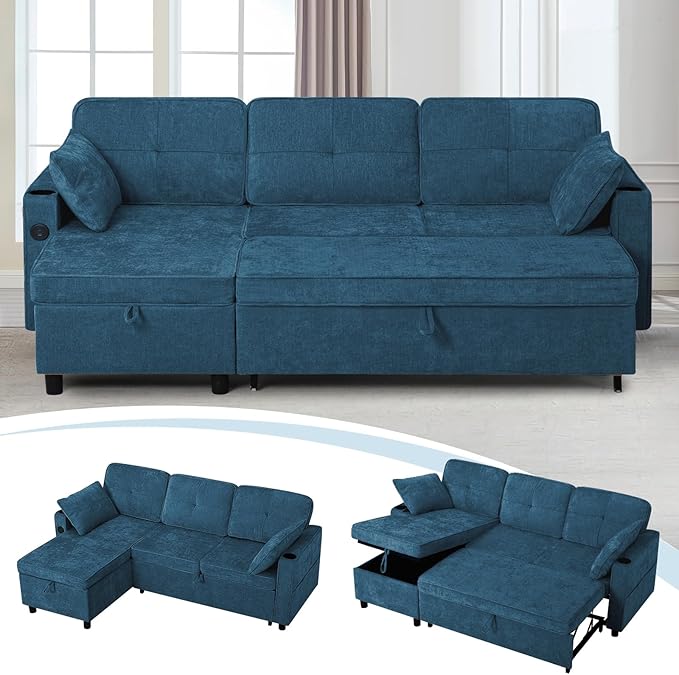 84 Inches L Shaped Sofa w/Adjustable Back &amp Pull-Out Sofa Bed Chenille Tufted Sectional Couch w/Storage Chaise &ampUSB Charging Port Modern Sleeper Couch w/Cup Holders for Living Room Blue
