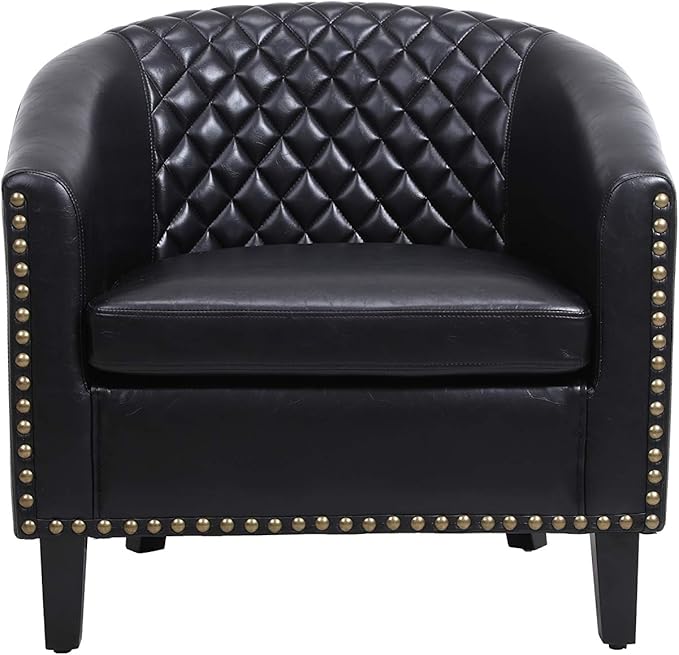 Accent Barrel Chair Living Room Chair with Nailheads and Solid Wood Legs Black pu Leather