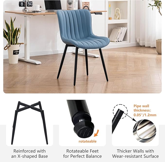 YOUNUOKE Mid-Century Modern Dining Chairs Set of 2 Blue PU Leather Upholstered Kitchen Chairs with Black Metal Legs Armless Accent Chair for Dining Room Guest Reception Room