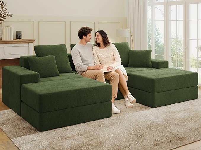 Living&ampGiving 101 U-Shaped Cloud Sectional Couch for Living Room Cloud Boneless Couch-No Assembly with Reversible Chaise Customizable 3-Seat Modular Sectional Sofa with 2 Ottoman Green
