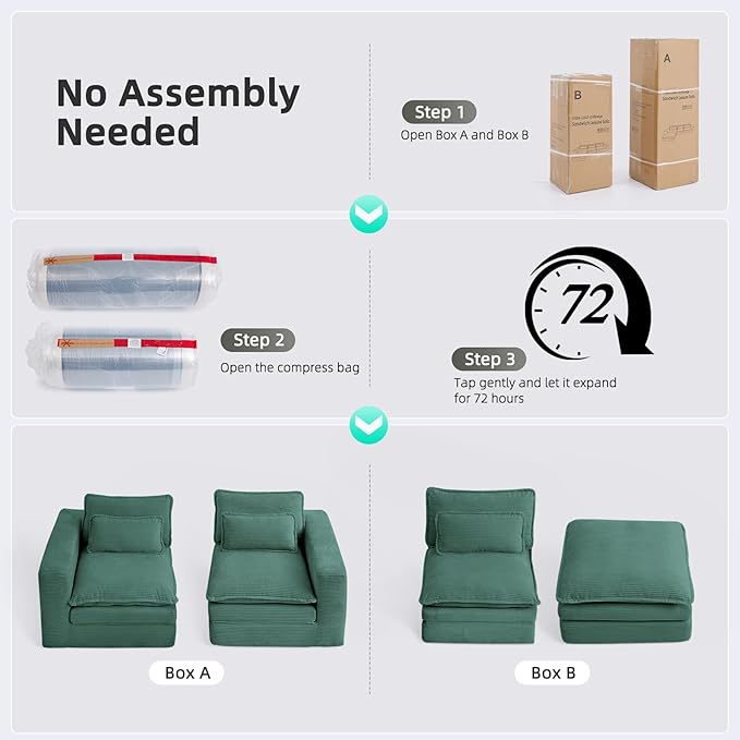 109 Sectional Couches Boneless Modular Sofa for Living Room with Ottoman | No Assembly Required Sofa Bed L shaped Couch | Corduroy Deep Seat Couch with Double Layer Cushion &amp Removable Cover | Gr