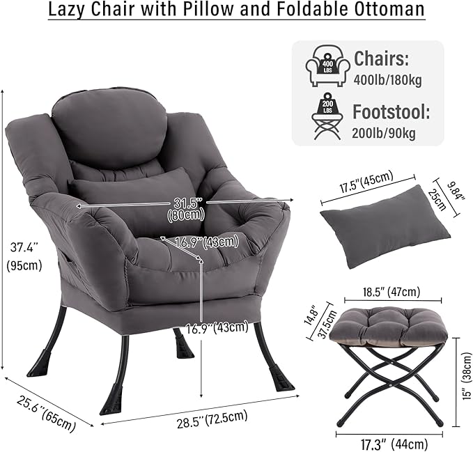Lazy Chair with Ottoman Modern Accent Chair with Lumbar Pillow Dark Grey Sofa Armchairs with Folding Footrest Oversized Supportive Chairs for Bedroom Reading