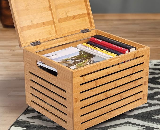 BIRDROCK HOME Rolling File Storage Organizer Box with Lid (New Version) - Bamboo Decorative Wood Hanging File Box for Letter/Legal Documents Binders Blankets - Durable Office Organizer - Natural