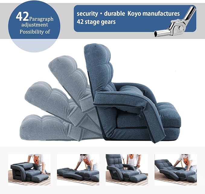 FLOGUOR 42-Position Adjustable Floor Chair Chaise Lounge Indoor Folding Lazy Sofa with Armrests and a Pillow Padded Adults Gaming Chairs for Living Room Bedroom Factory Price 8803XM (Blue)