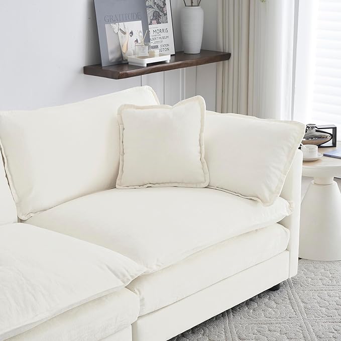 WILLIAMSPACE 111.5 Sectional Sofa Couch for Living Room Mid-Century Modern Upholstered 3 Seater Sofa with 5 Toss Pillows Deep Seat 4 Seat Sofa Furniture for Apartment Chenille Fabric (Cream White)