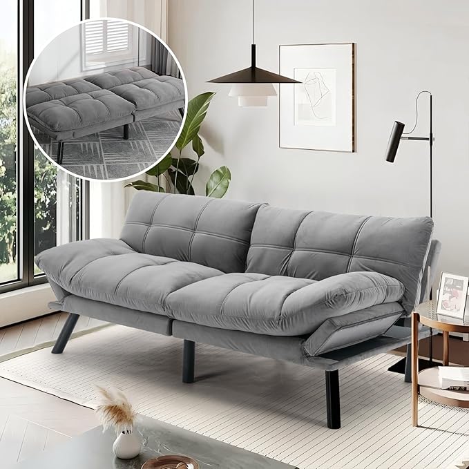 Convertible Futon Double Sofa Bed2 in 1 with Adjustable Backrest Memory Foam Loveseat for Living Room Bedroom Office Apartment Compact Sofa(Grey)