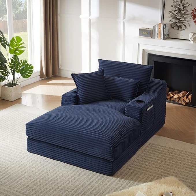 67.7 Oversized Chaise Lounge Chair Indoor Modern Corduroy Single Sleeper Couch Chair with 3 Soft Pillows＆Cup Holder Boneless Cloud Couch Single Seat Sofa for Living Room Bedroom (Blue)