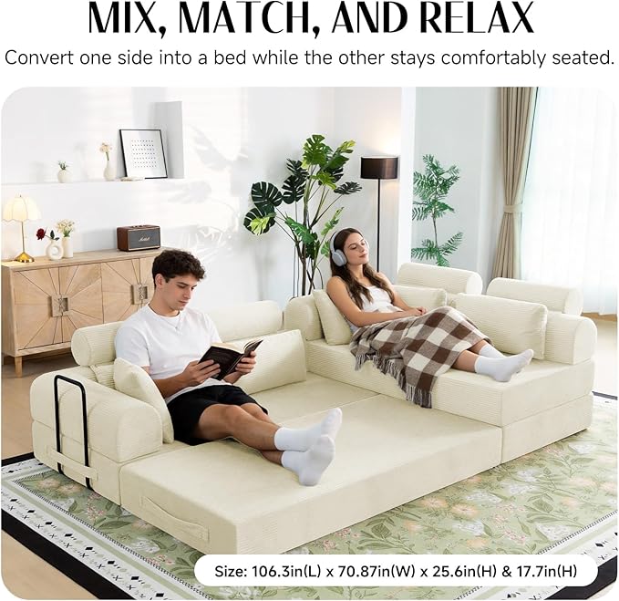 106 L-Shaped Modular Boneless Couch 2-Piece System (2×70.87) Convertible Sectional to 141.7 Straight Sofa Corduroy Couch in a Box Headrest &amp Back Pillows for Living Room Lvory