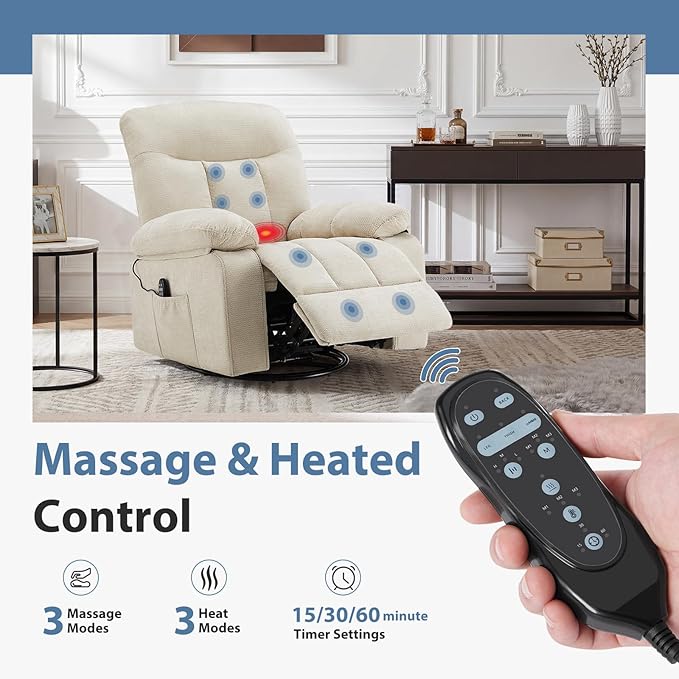 DUMOS Rocker Recliner Chair Swivel Recliner with Vibration Massage &amp Lumbar Heating 270° Rotating Chenille Fabric Recliner with footrest for Living Room &amp Bedroom Beige