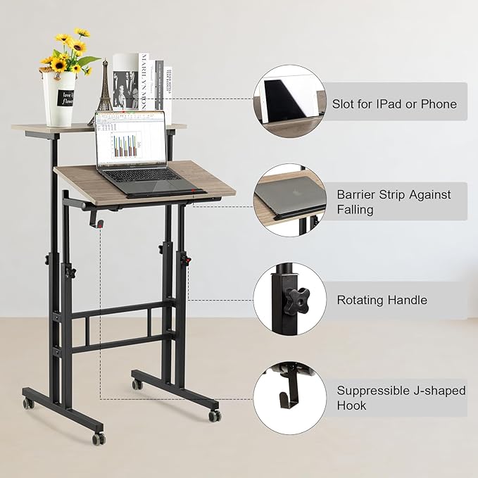 Hadulcet Mobile Standing Desk with Charging Station Adjustable Standing Computer Desk Standing Adjustable Laptop Cart with Wheels for Home Office Classroom Light Grey
