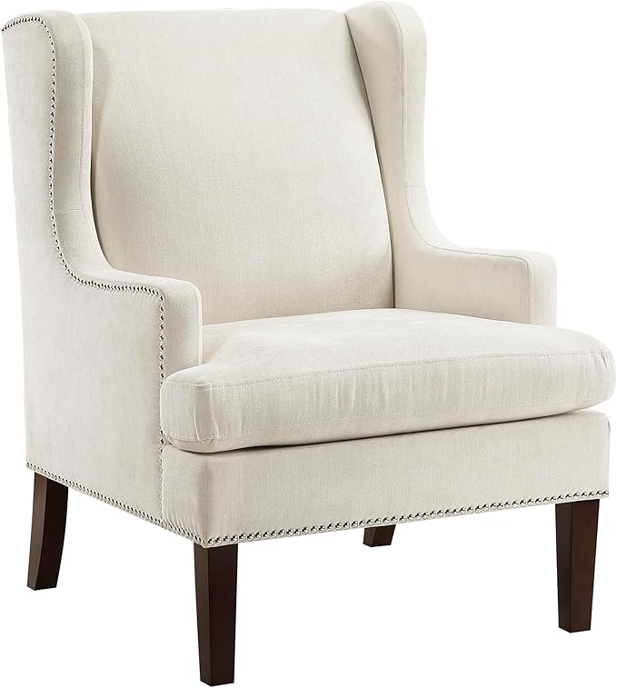 Lexicon Modern Accent Chair Textured Fabric Upholstered Arm Chair High Wingback and Nailhead Trim for Living Room/Bedroom/Office Beige