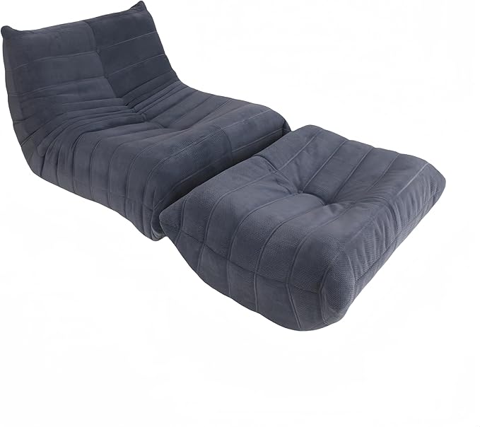 Bean Bag Chair - Memory Foam Bean Bag Chair for Adults Comfy High-Resilience Single Sofa Small Space Floor Chair Chaise Lounge for Living Room Bedroom (Dark Blue Wrinkles+Ottoman)