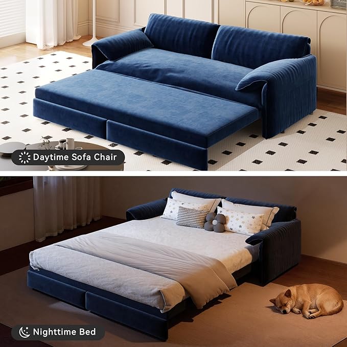 healthomse 66 Queen Size Sleeper Sofa Bed 3-in-1 Convertible Pull Out Sofa Bed with Side Storage Modern Velvet Loveseat for Living Room Bedroom Apartment Office Lounge (Dark Blue 66inch)