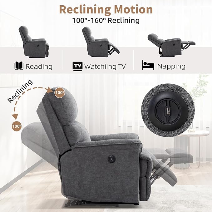 Power Recliner Chair for Adults with USB Port Breathable Fabric Electric Recliners with High Back Single Overstuffed Heavy Duty Reclining Sofa for Small Spaces Living Room Bedroom
