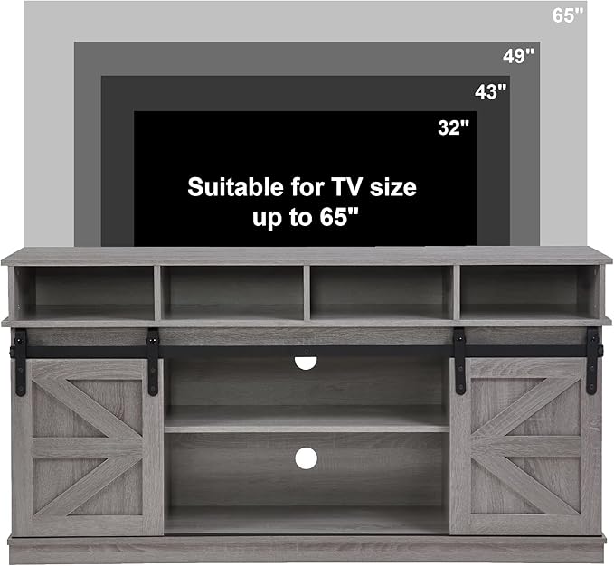 TV Stand for Living Room - Entertainment Center with Storage - Fits 65 Inch TV - Traditional American Country Style TV Cabinet - Media Console - Barn Door TV StandGrey.