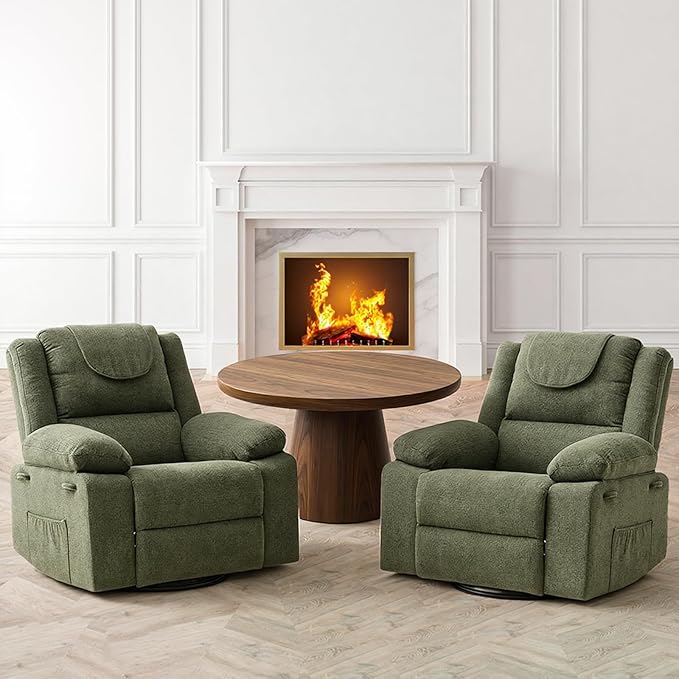 Swivel Rocker Recliner Chair for Adults with Massage and Heat Oversized Linen Fabric Glider Nursery Chair with Deep Seat High Backrest Upholstered Single Sofa for Living RoomGreen