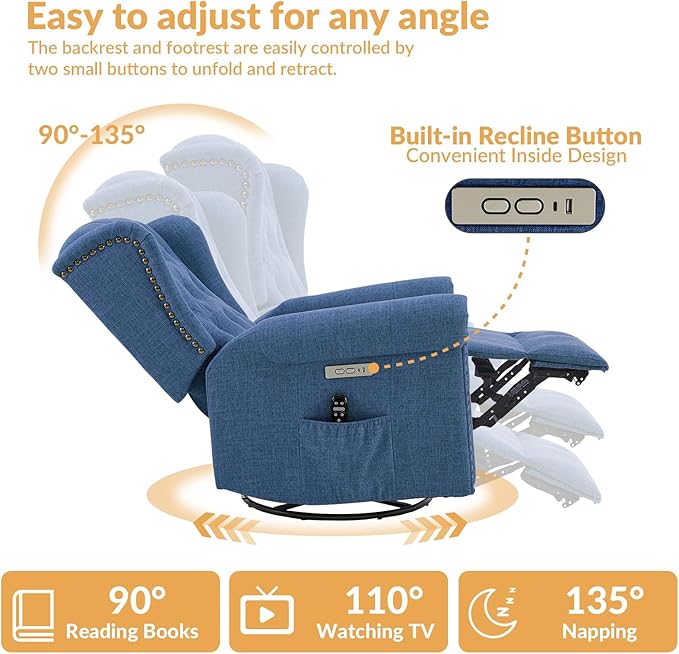 Power Swivel Rocking Glider Recliner Chair Electric Nursery Reclining Sofa Chair with Heat and Massage Wingback Tufted Upholstered Recliner for Living Rooms USB and Type-C Port Blue
