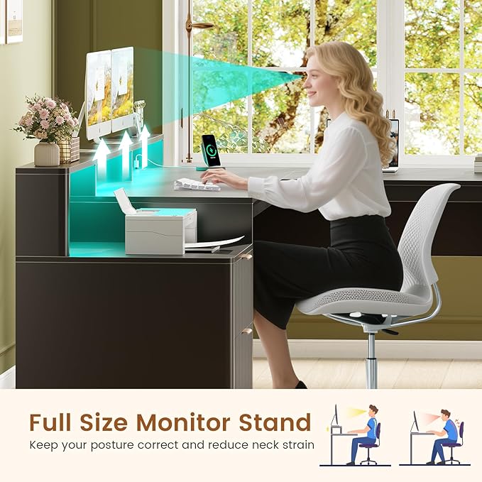SEDETA 66 Modern L Shaped Desk with Drawers Fluted Home Office Desk with File Cabinet and Printer Shelf Wood Executive Desk with Monitor Stand Led Lights Power Outlets Black