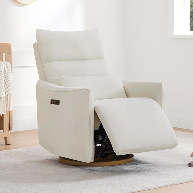 CHITA Swivel Rocker Recliner Chair Power Nursery Glider Recliner Nursery Rocking Chair with Adjustable Power Headrest FSC Certified Solid Wood Base Cream