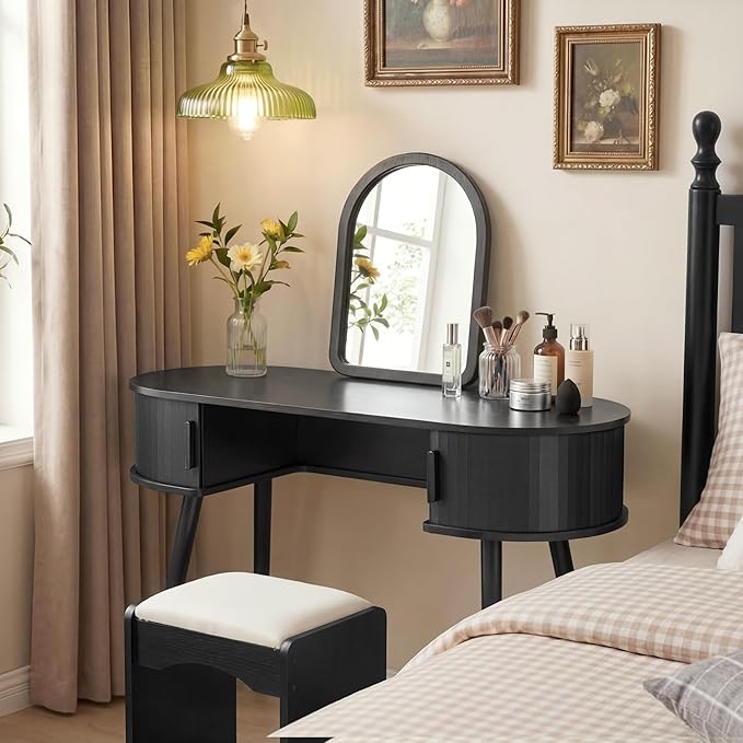AVZEAR 43 Oval Fluted Home Office Desk Small Computer Desk Mid Century Modern Vanity Table with Sliding Tambour Door Wooden Writing Study Desk for Small Spaces Bedroom Office(Black)