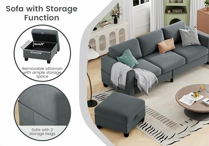 Sectional Couches for Living Room - Convertible L Shaped Couch with Storage Ottoman 3 Seater Modern Velvet Grey Sofa for Small Space Studio Basement Loft