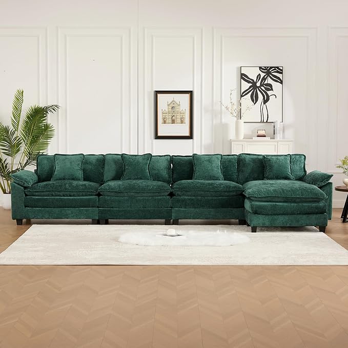 152.8 Modern Chenille Modular Cloud Sofa 4 Seater L Shaped Couch with Spring Cushions Featuring Deep Seats and Pillows Easy Assembly Comfy Large Sectional Couches for Living Room Green