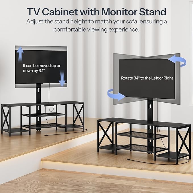 HOOBRO TV Stand with Mount and Power Outlet LED Entertainment Center with Swivel TV Mount for 32/45/55/60/65/70/75 inch TVs TV Cabinet with 3-Tier Storage for Living Room Bedroom Black BB46UDDS01