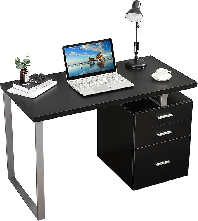 LOKATSE HOME Computer Desk with Drawers File Cabinet-Reversible Set Up Office Writing Study Desks Furniture Silver Metal Frame 47 Cappuccino