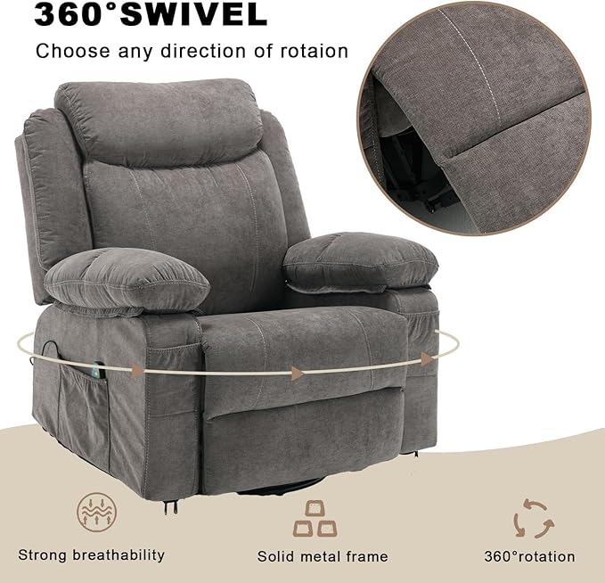 Swivel Rocker Recliner Chair with Massage and Heat Overstuffed Nursery Recliners Oversized Fabric Single Sofa Manual Reclining Home Theater Lounge Chairs for Living Room Adults Grey
