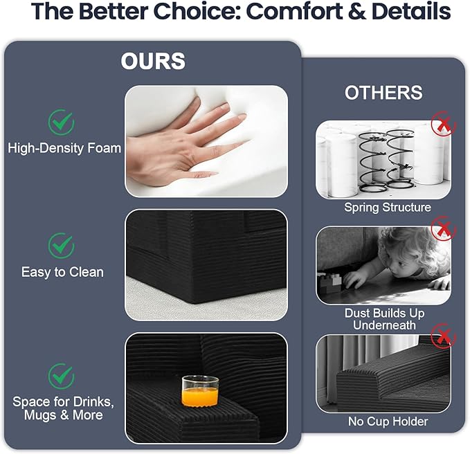 COMAX Futon Sofa Bed Boneless Loveseat Couch in A Box 67 L-Shaped Convertible Sofa Bed Corduroy for Living Room Fold Out Small Foldable Loveseat Foam with Movable Ottoman Floor Sleeper Black