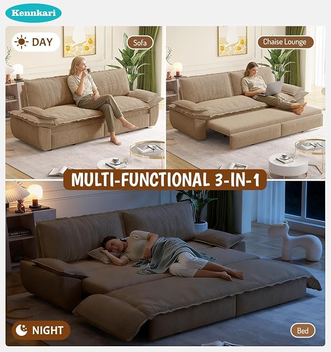 73.2 Queen Size 3-in-1 Convertible Pull Out Sofa Bed with Wheels Multi-Functional Velvet Loveseat Bed for Living Room and Bedroom (Camel)