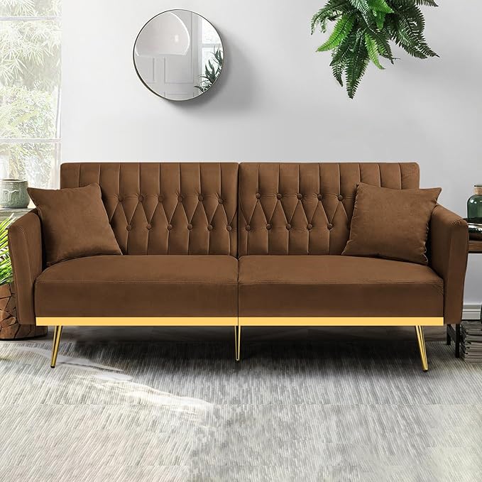 70” Velvet Futon Sofa Bed with 2 Pillows and Adjustable Armrests Convertible Sleeper Bed W/Adjustable Backrests Modern Loveseat for Living Room Bedroom Brown
