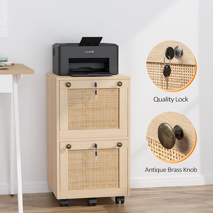 VINGLI 2 Drawer File Cabinet with Lock Rolling File Cabinets for Home Office Small Printer Stand Wood Rattan Oak File Organizer Under Desk Filing Cabinet on Wheels for Folders with Tabs