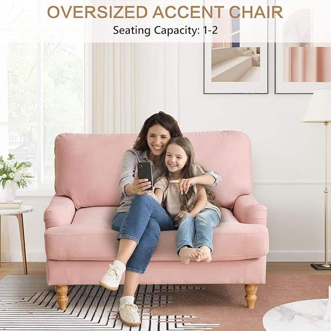 Bezseller Oversized Accent Chair Indoor 46 W Large Upholstered Single Sofa Chair and Wood Legs Big Comfy Armchair Leisure Lounge for Living Room Bedroom Apartment Reading Room(Pink)
