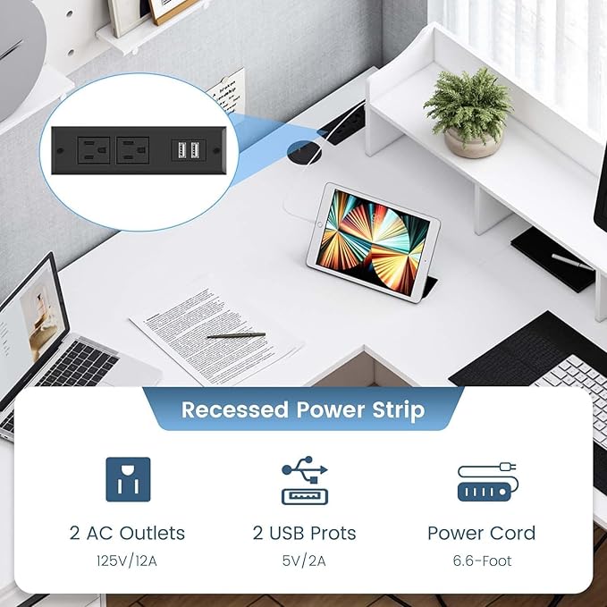 White L Shaped Desk with 3 Drawers 60 inch L Desk with Moveable Hutch and Power Outlet Large Home Office Corner Computer Desk with Storage File Cabinet